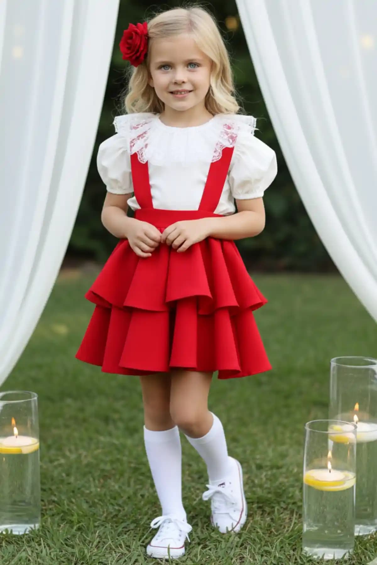 Parla Kids Kız Çocuk Helen Kırmızı Askılı Bağlama Jile ve Elbise Takımı