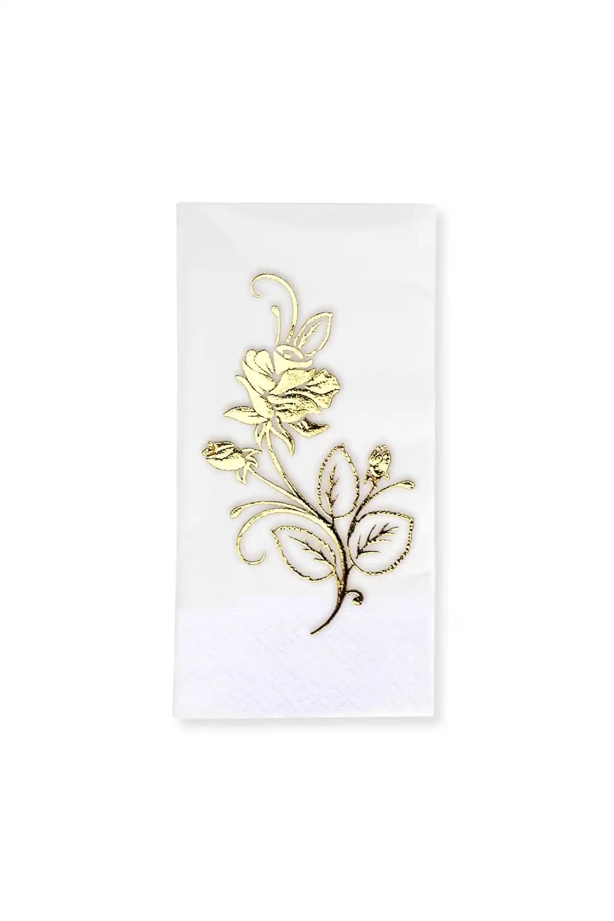 Şık ve Zarif Masa Dekorasyonu İçin Altın Varak Gül Desenli Beyaz Peçete 33x33 cm
