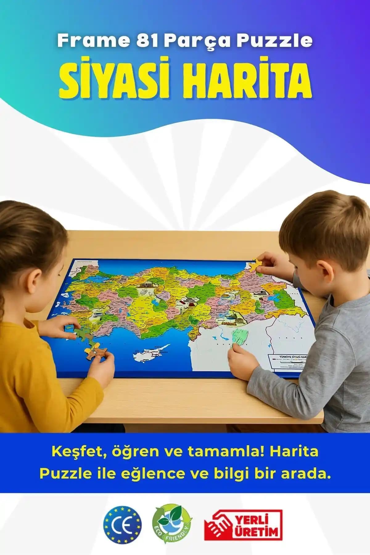 Siyasi Harita Frame Puzzle 81 Parça Çocuklar İçin Eğitici ve Eğlenceli Öğrenme Aracı