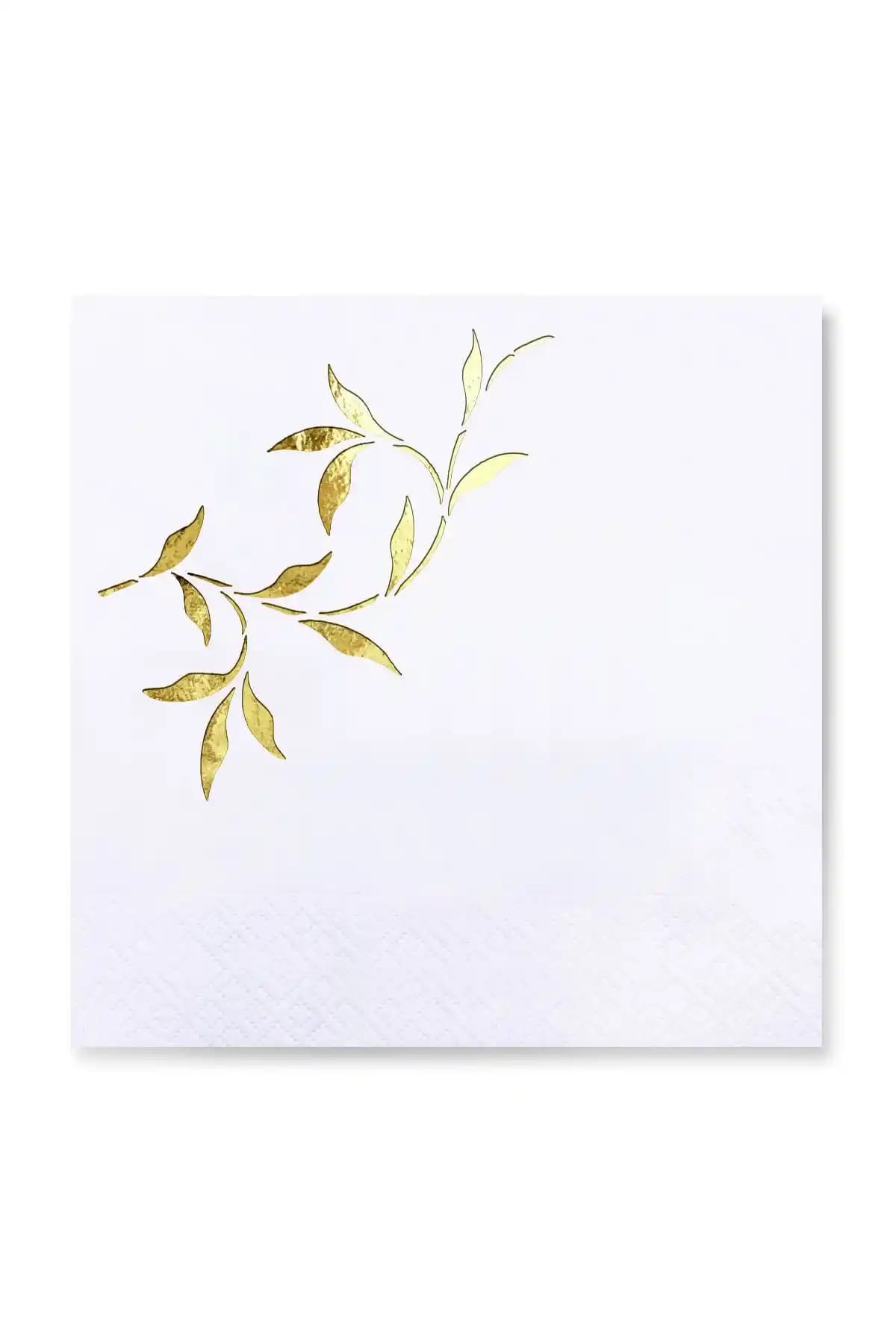 Story Altın Varak Yapraklar Desenli Beyaz Kağıt Peçete Şık ve Modern Sofra Dekorasyonu İçin