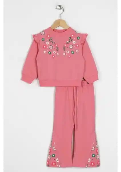 Zepkids Kız Çocukları İçin Şık ve Rahat İkili Takım Pembe Renkli Nakış Detaylarıyla