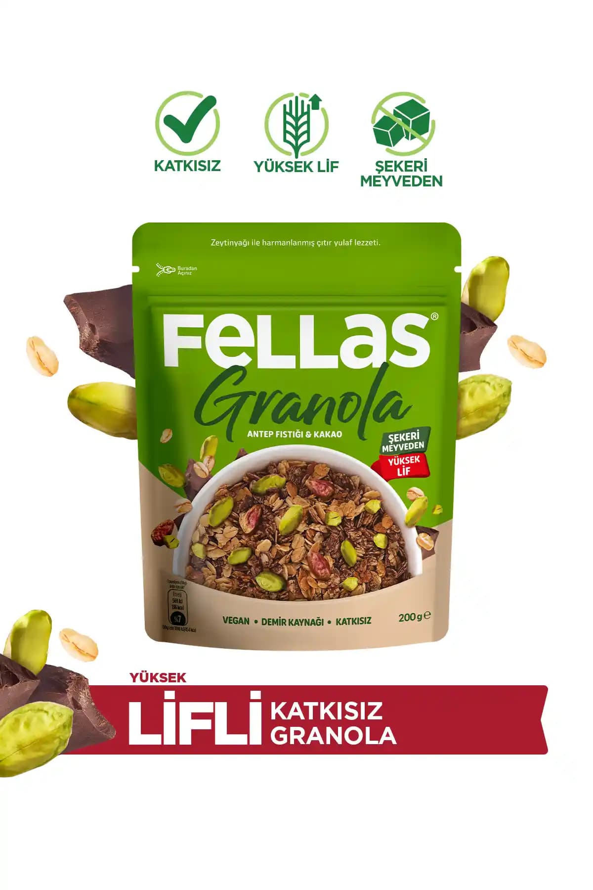 Fellas Antep Fıstıklı ve Kakaolu Granola 200g Sağlıklı ve Lezzetli Atıştırmalık