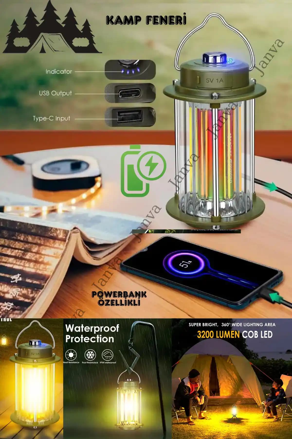 Janva Çok Yönlü Kamp Çadırı ve El Feneri: Hafif, Şarj Edilebilir ve Pratik Kullanım