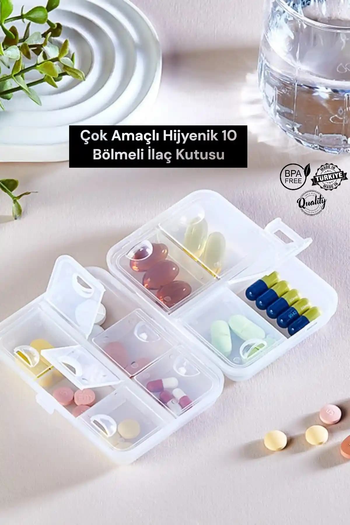 MUF HOME Kapaklı 10 Bölmeli İlaç Saklama Kutusu Türkiye Menşei Sağlıklı ve Pratik Kullanım