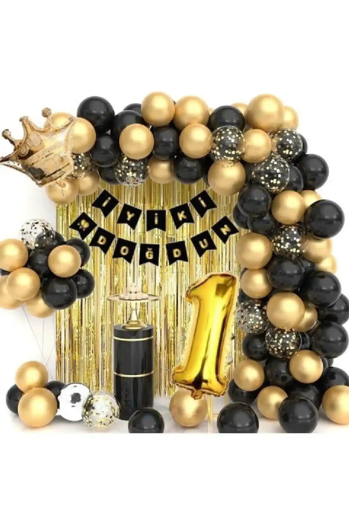 1 Yaş Doğum Günü Kutlama Seti Kral Taçlı Balon Zinciri ve Süsler ile Renkli Anlar