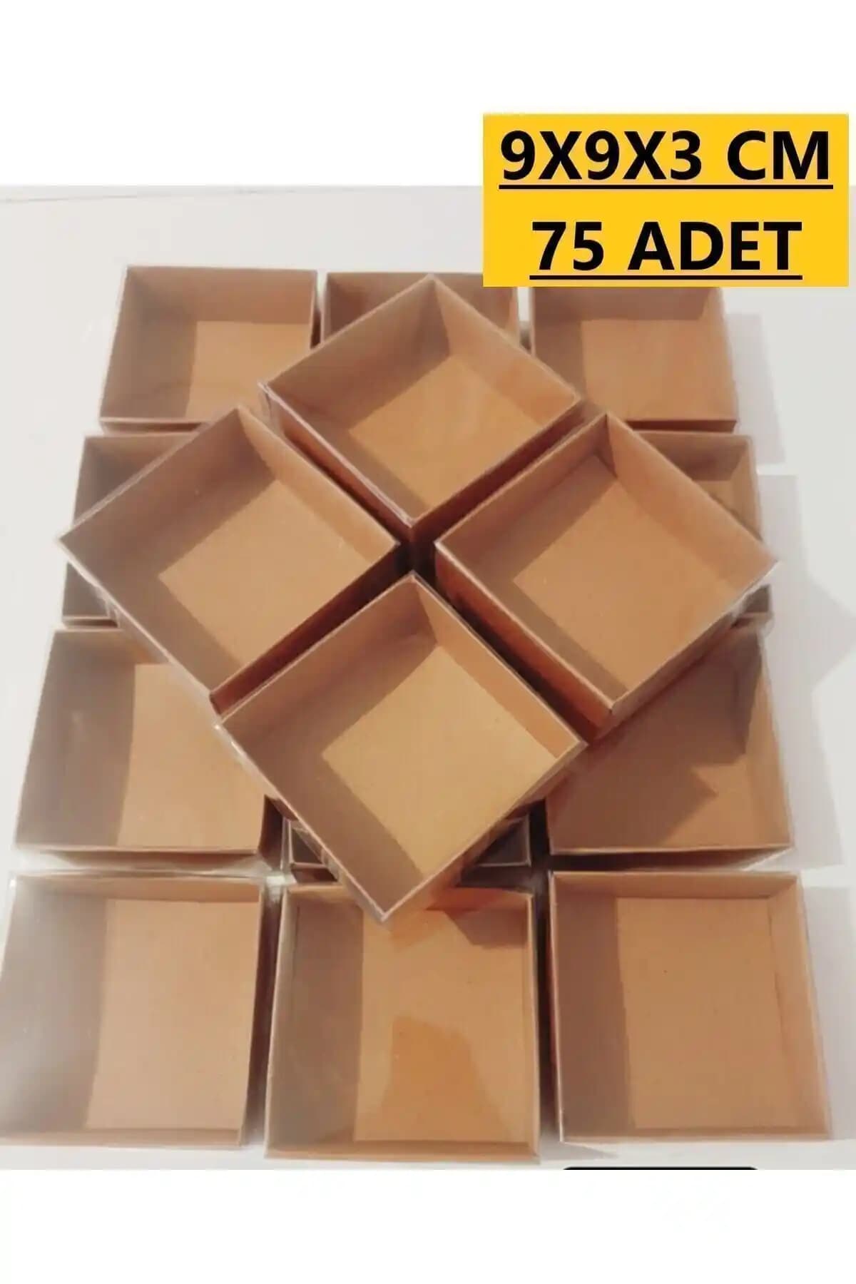 75 Adet Kraft Kutu Seti 9x9x3 cm Asetat Kapaklı Dayanıklı ve Şık Hediye Kutuları
