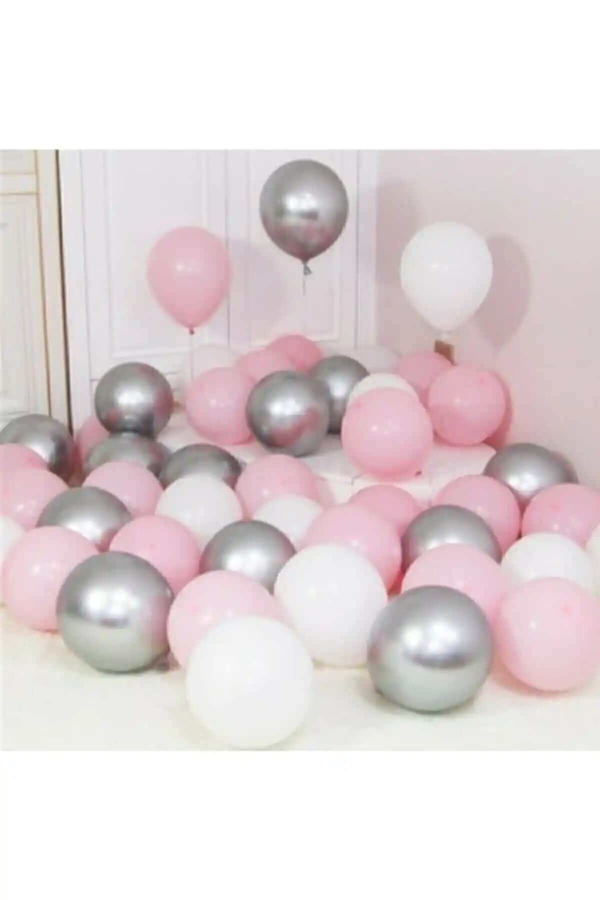 BalonEvi 30 Adet Metalik Gümüş-Pembe-Beyaz Balon Seti Etkinlik Dekorasyonu İçin Uygun