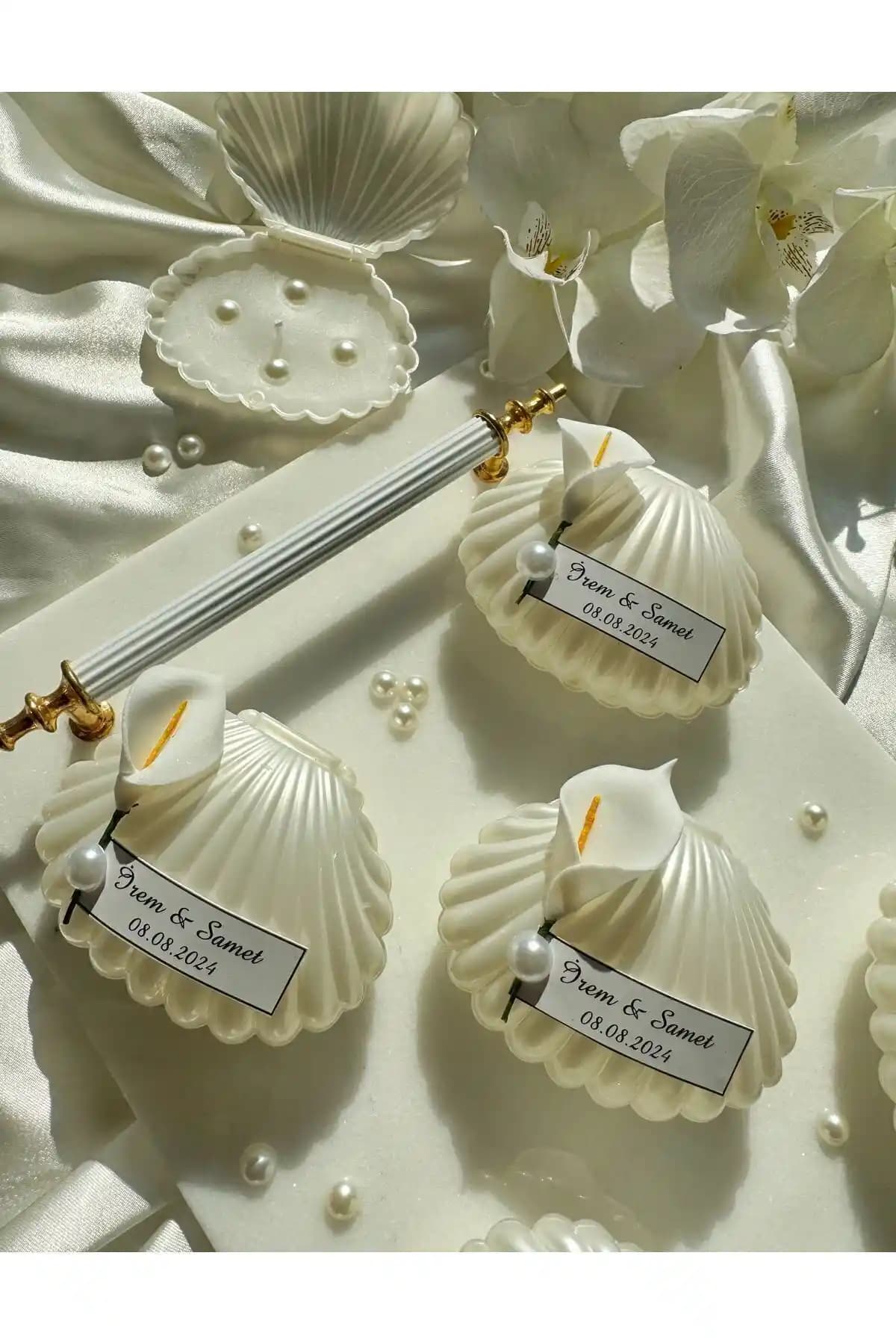 Gami El İşçiliği İnci Detaylı Sedefli Mum Seti - Şık ve Zarif Dekorasyon Ürünü