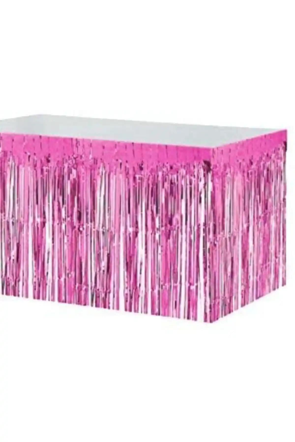 Genel Markalar Pembe Metalik Folyo Püsküllü Masa Eteği Modern ve Şık Parti Dekorasyonu İçin