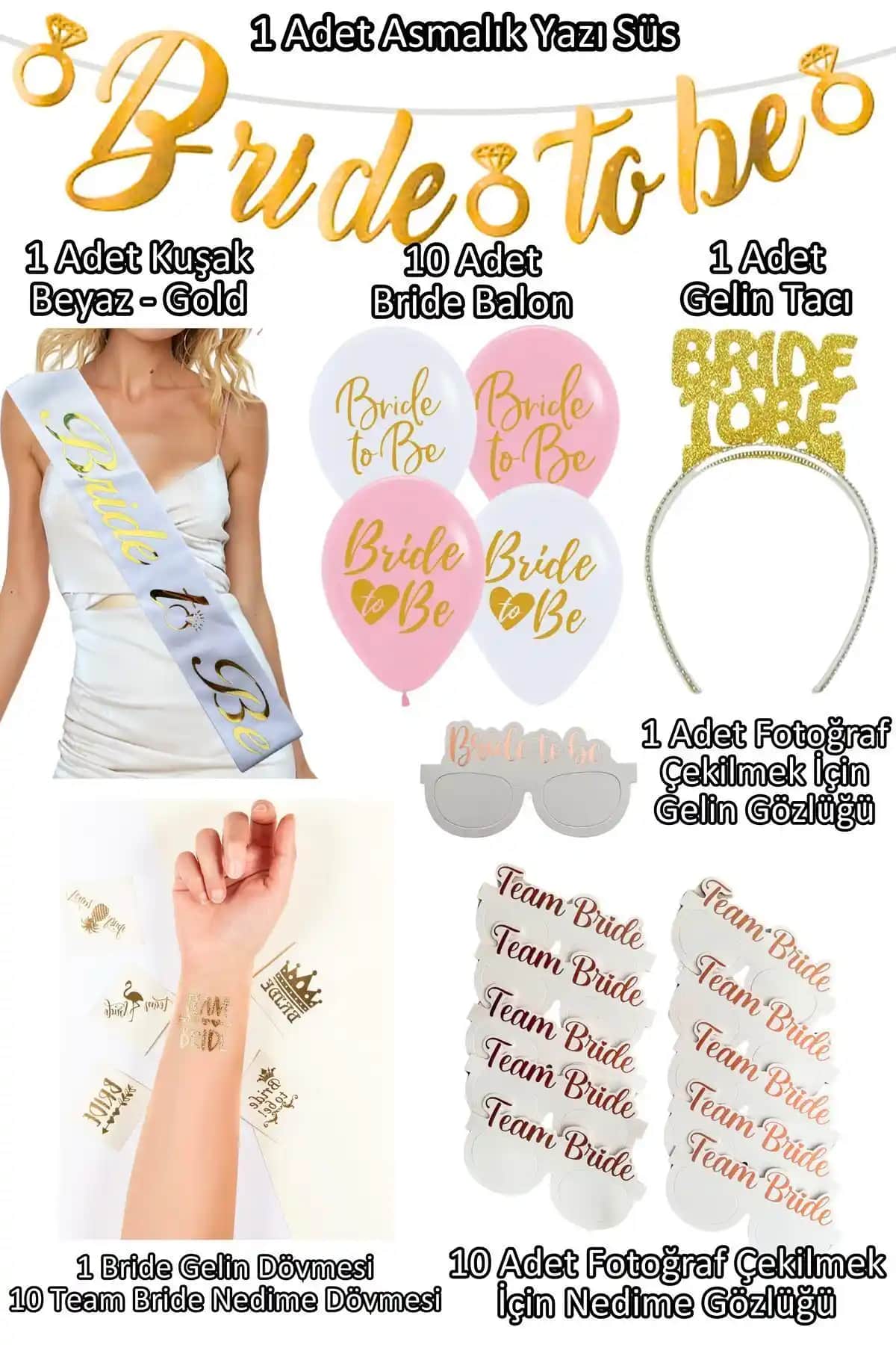 Huzur Party Store'un 35 Parçalık Gold Bride To Be Seti ile Bekarlığa Veda Partilerinizi Şık ve Eğlenceli Hale Getirin