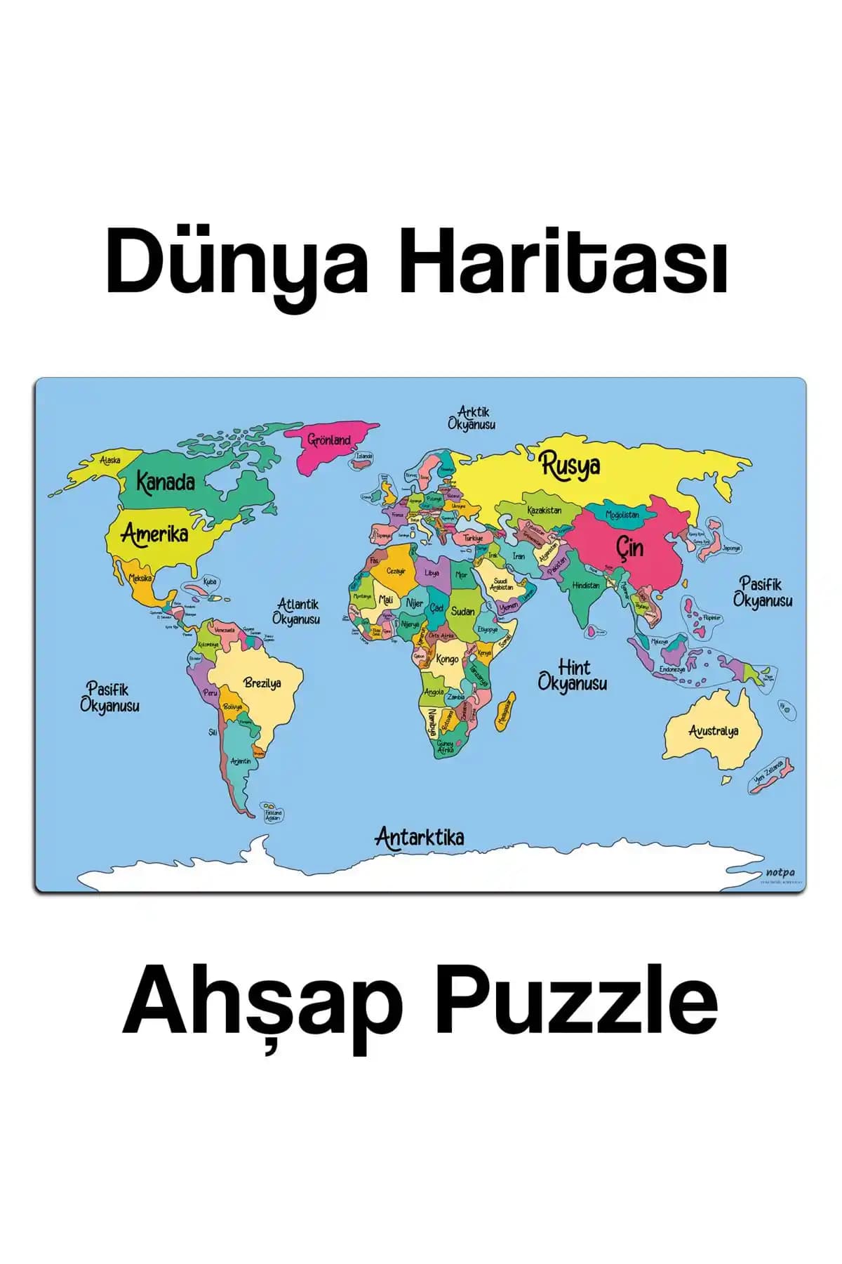 KutuTR Notpa Ahşap Renkli Dünya Haritası Puzzle Çocuklar ve Yetişkinler İçin Eğitici Oyuncak
