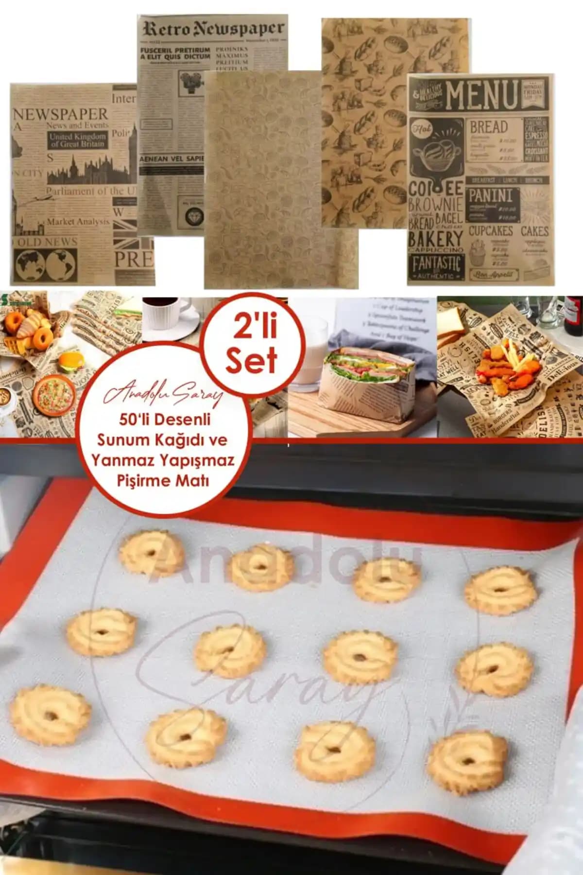 Anadolu Saray 2'li Set Silikon Pişirme Matı ve Vintage Sunum Kağıtları ile Mutfakta Pratiklik