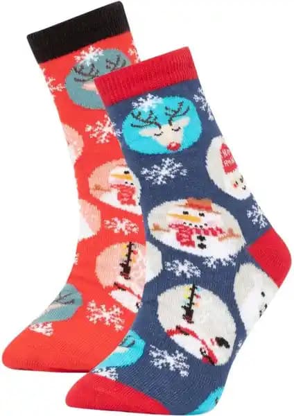 DeFacto Erkek Çocuk Yılbaşı Temalı Pamuklu Uzun Çorap 2'li Kutulu Şık ve Rahat Hediye Seçeneği