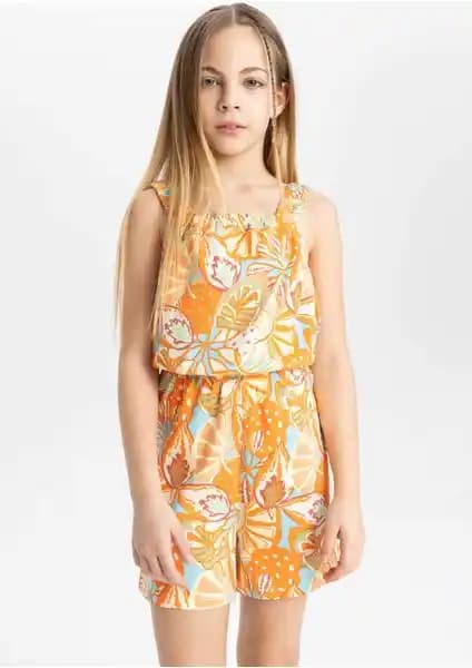 DeFacto Kız Çocuk Desenli Askılı Kısa Tulum Renkli ve Rahat Yazlık Giysi Seçeneği