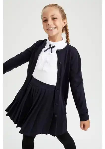 DeFacto Kız Çocuk Lacivert Bisiklet Yaka Triko Okul Hırkası Günlük ve Özel Kullanım İçin
