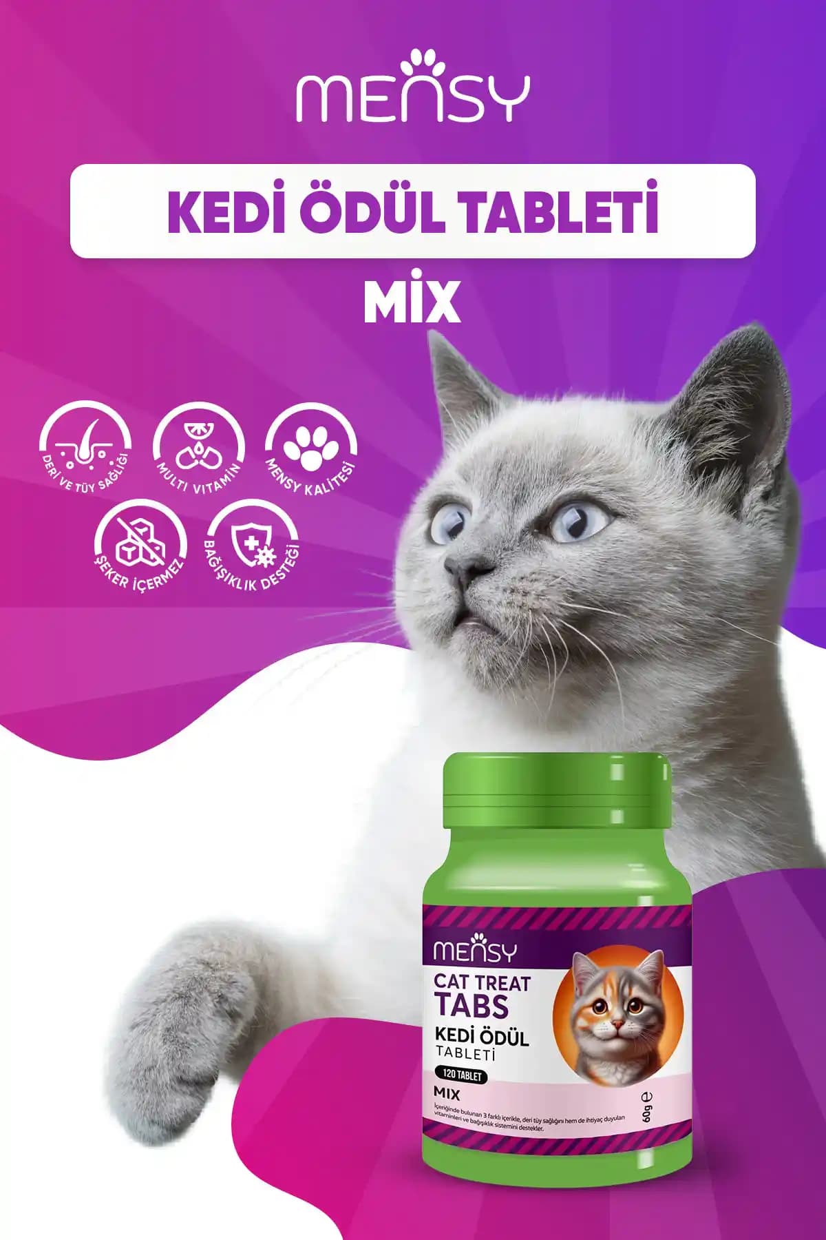Mensy Mix Kedi Ödül Tableti Sağlıklı Tüy ve Bağışıklık Destekleyici Ürün