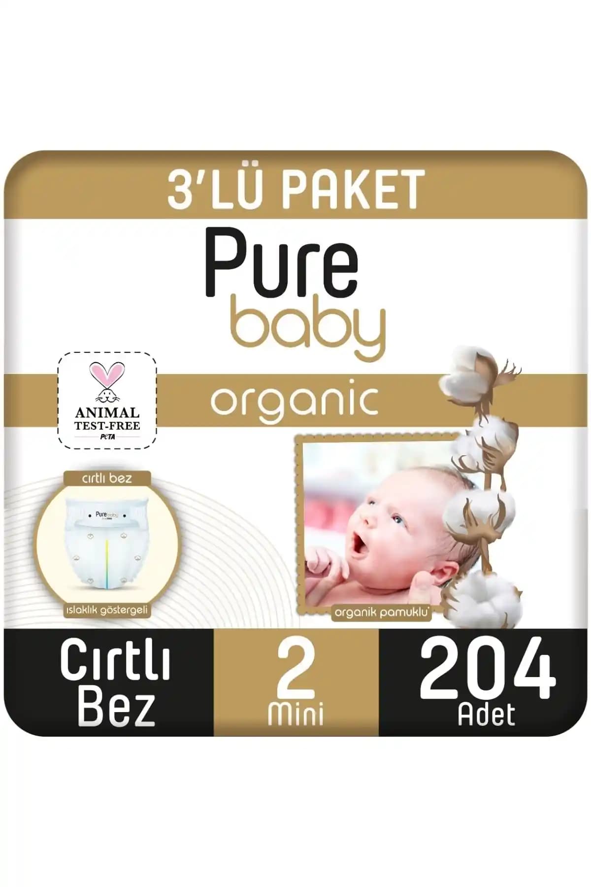 Pure Baby Organik Pamuklu Cırtlı Bebek Bezi 3'lü Paket 204 Adet, Yüksek Emicilik ve Hassas Cilt Dostu