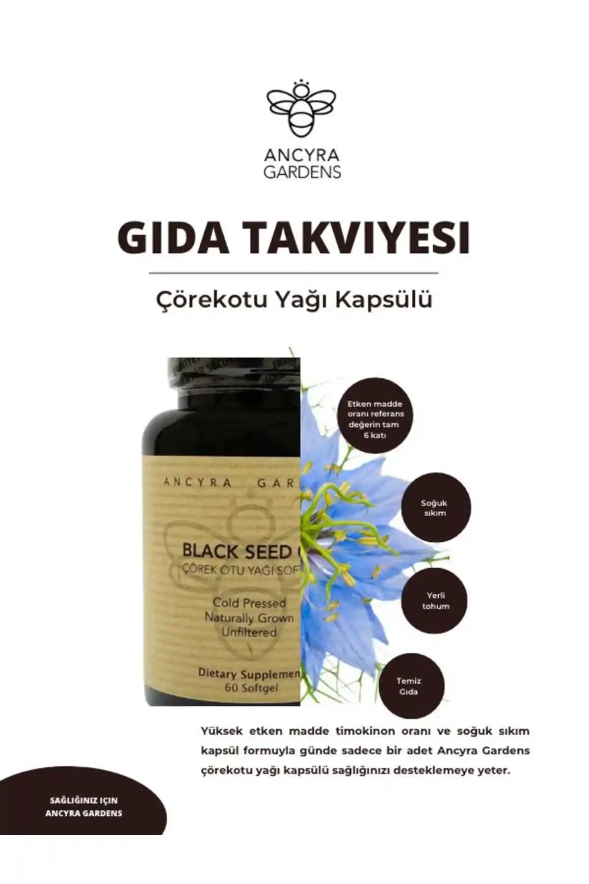 Ancyra Gardens Çörekotu Yağı Kapsülü 1000mg: Doğal, Yumuşak Jel Formunda Timokinon İçerikli