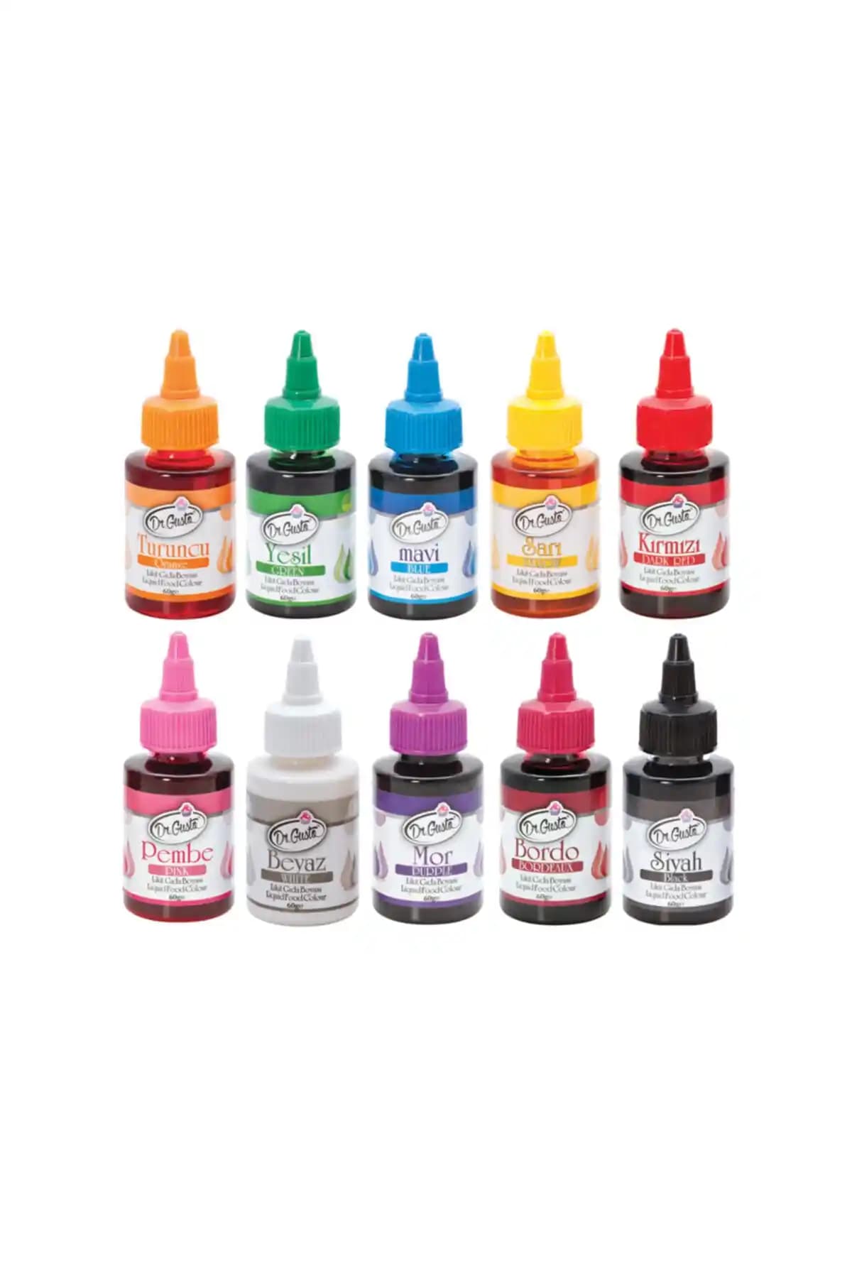 Dr. Gusto Likit Gıda Boyası Seti: Su Bazlı, Türkiye Üretimi, 10×60 g Canlı Renkler
