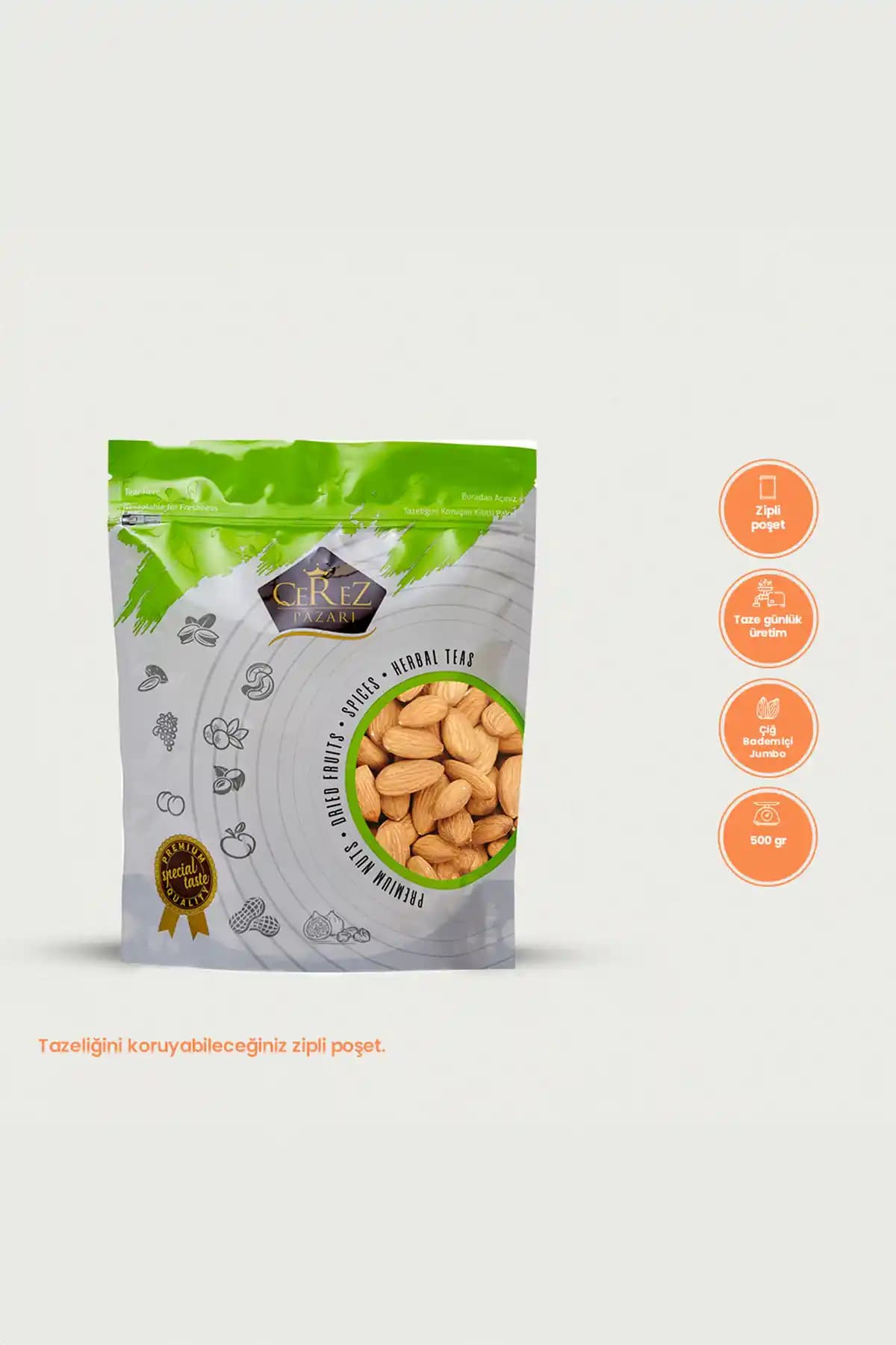 Çerez Pazarı Çiğ Badem İçi Jumbo 500g Sağlıklı ve Taze Atıştırmalık Seçenekleri