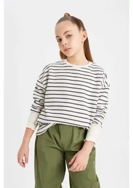 DeFacto Kız Çocuk Relax Fit Bisiklet Yaka Çizgili Sweatshirt Günlük Kullanım İçin Uygun