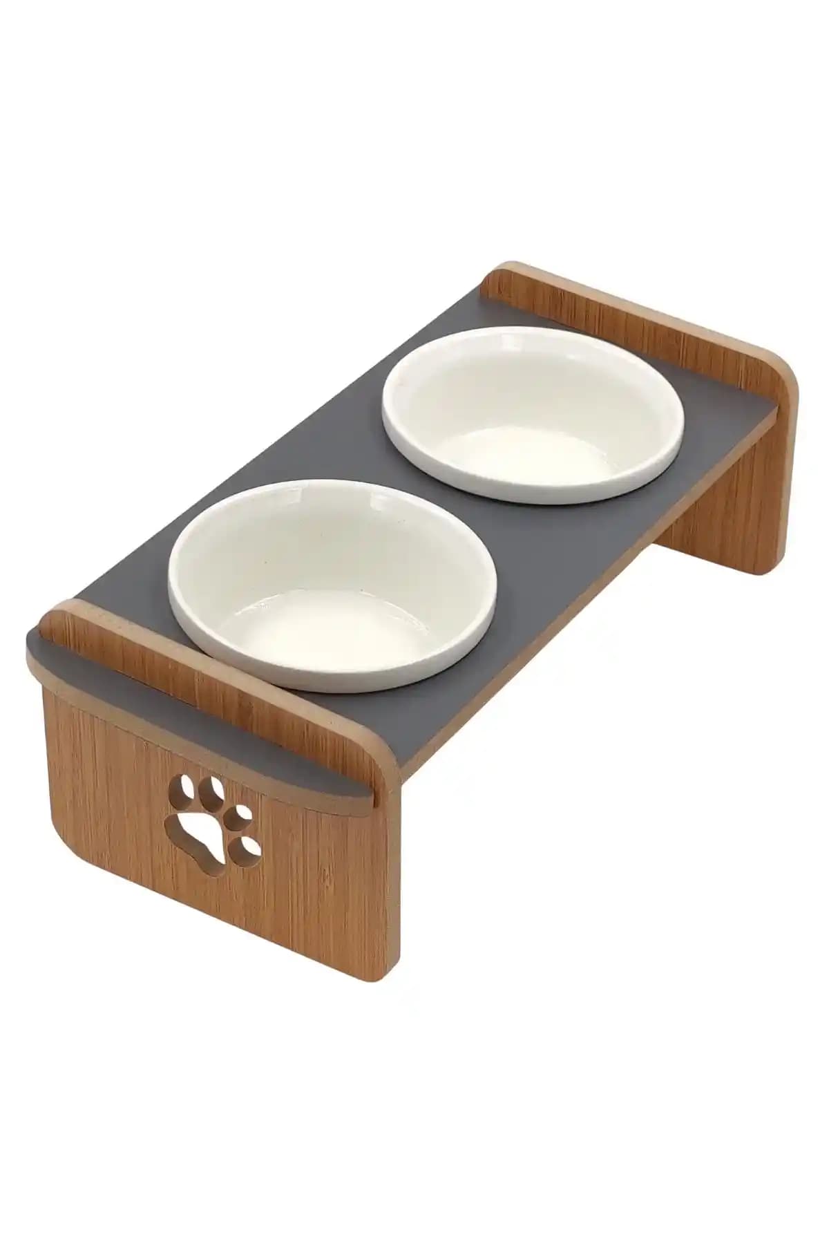 Modern Ahşap Standlı Seramik Kedi ve Köpek Mama Su Kabı Uzay Grisi Renk