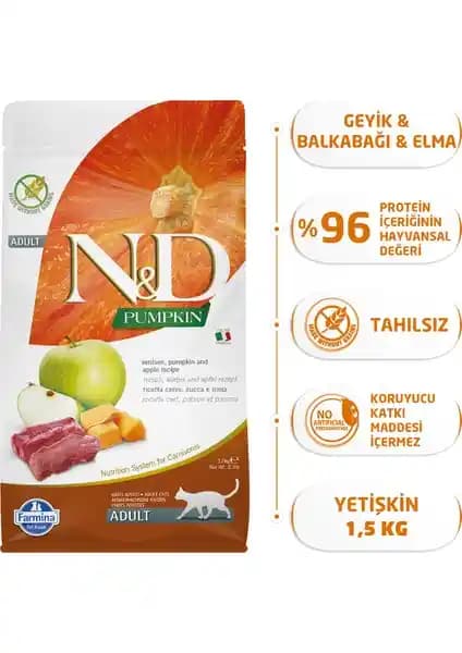 N&D Pumpkin Tahılsız Geyik Etli Bal Kabaklı ve Elmalı Yetişkin Kedi Maması 1,5 kg
