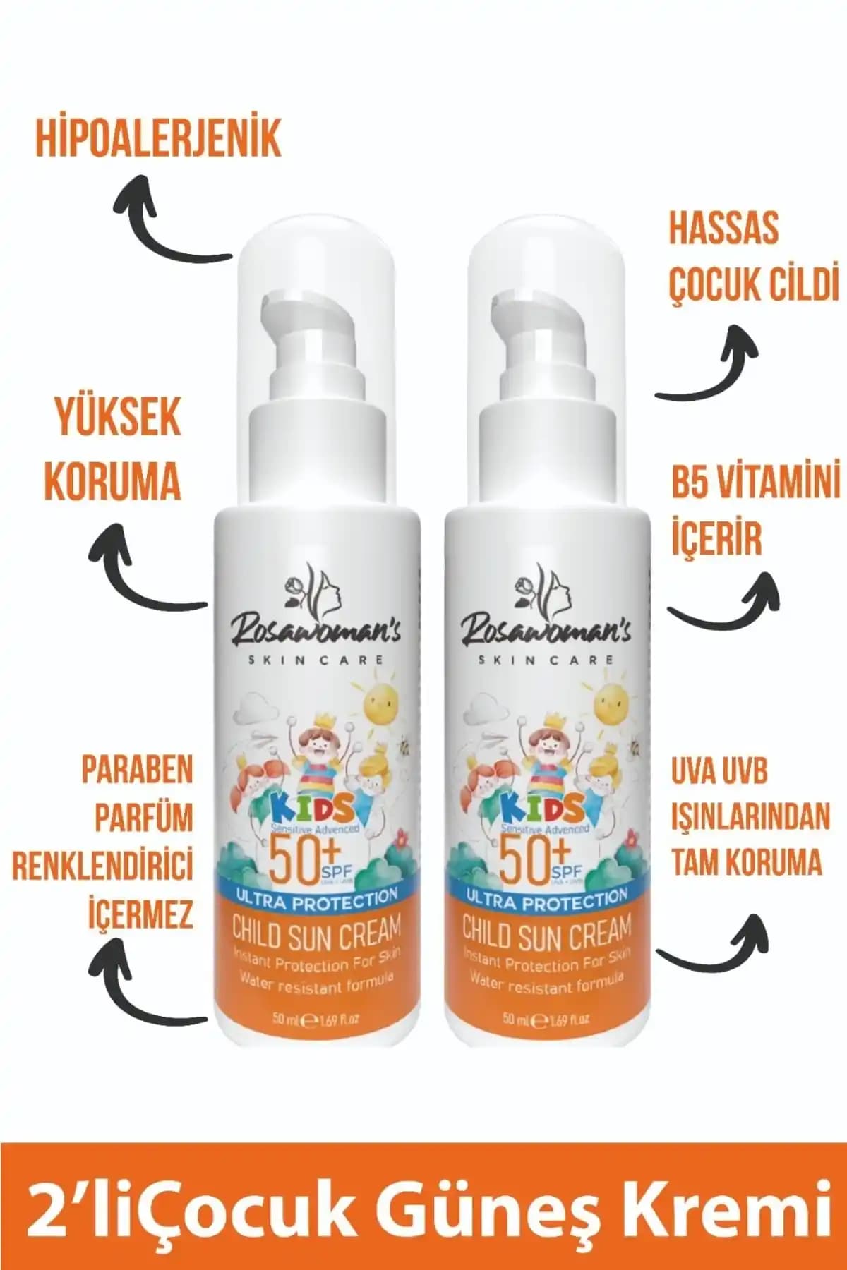 Rosawomans Çocuk Güneş Kremi 50ml 2'li Set Yüksek Koruma ve Hassas Cilt Uyumlu
