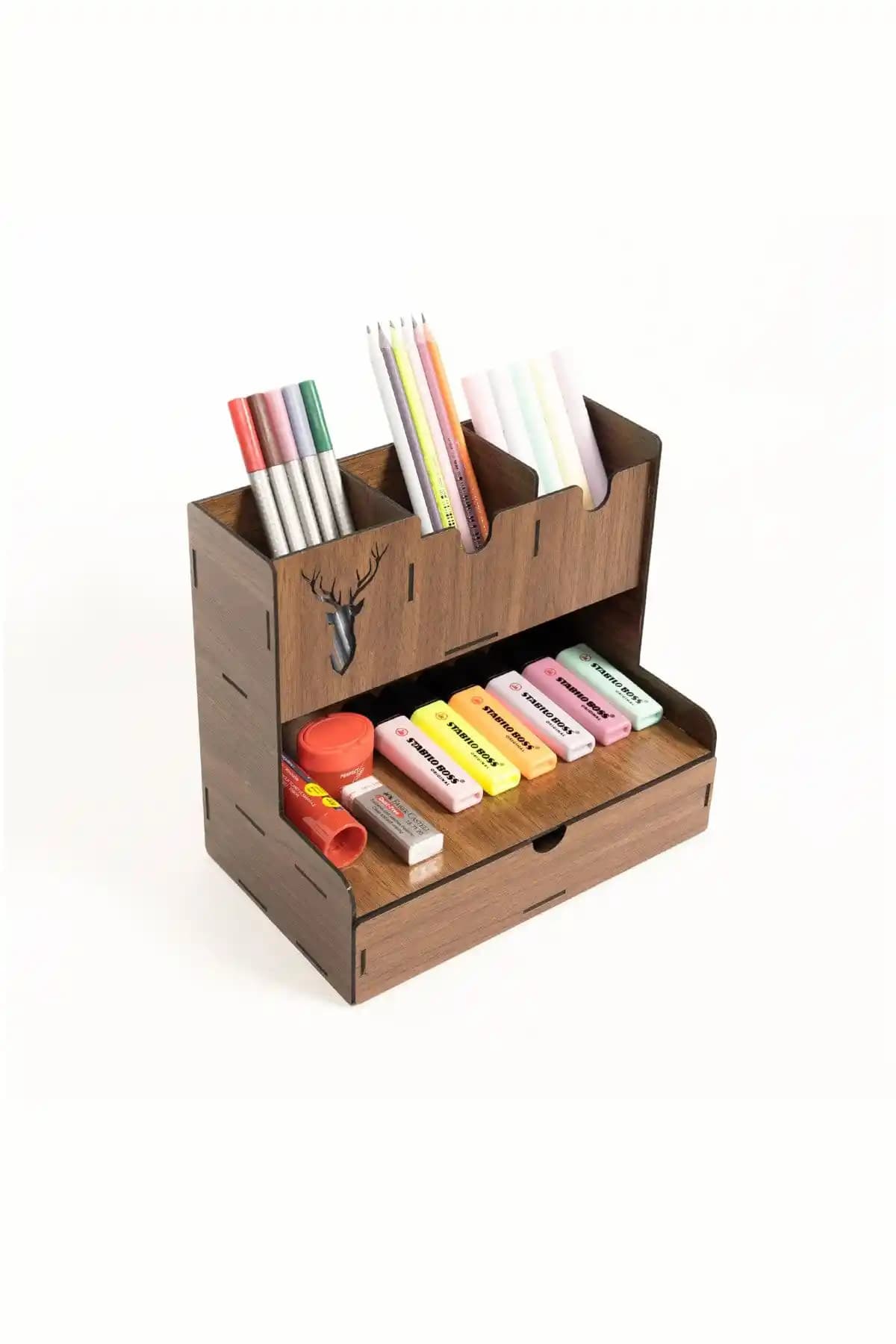 Notpa Ahşap Geyik Tasarımlı Çekmeceli Masaüstü Organizeri 25cm genişlikte