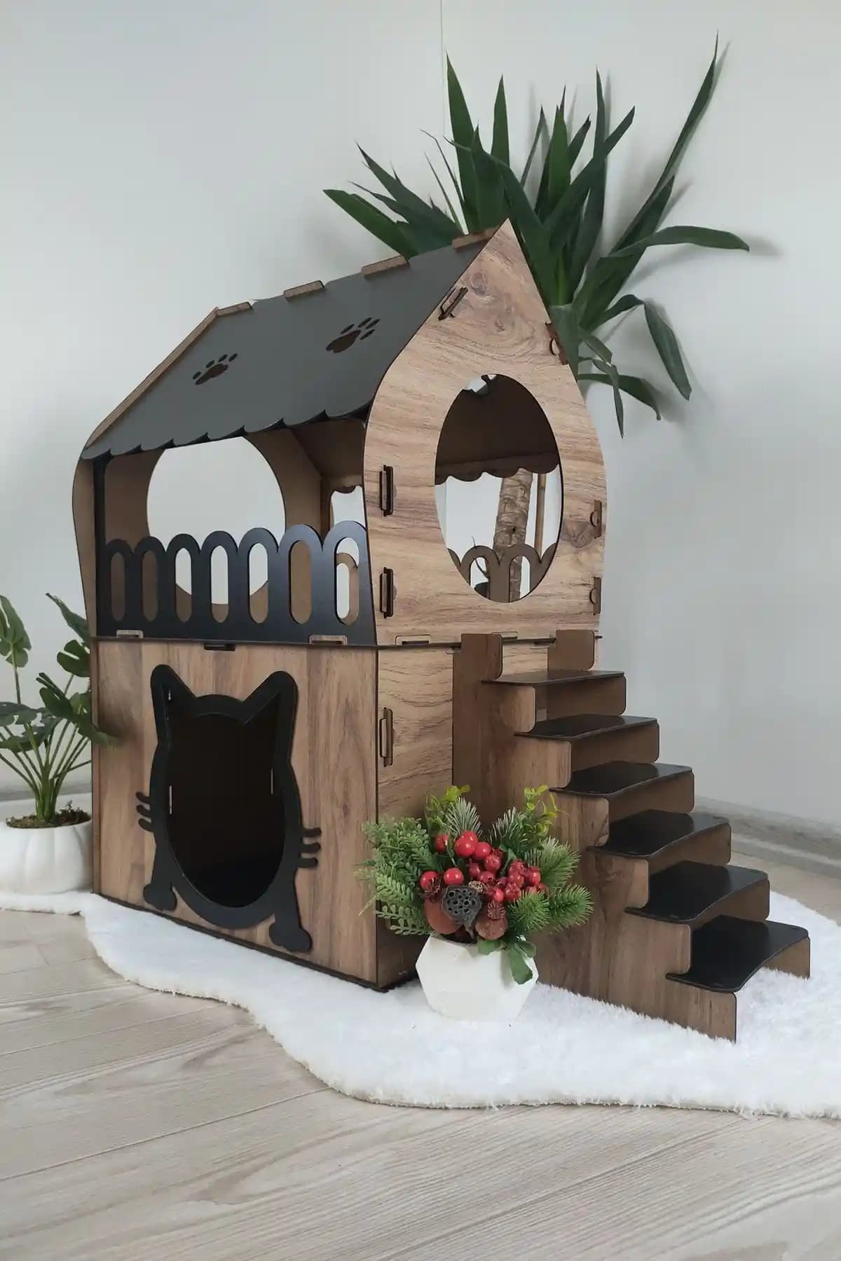 Genel Markalar Dekoratif ve Teraslı Ahşap Kedi Evi, Kolay Kurulum ve Şık Tasarım