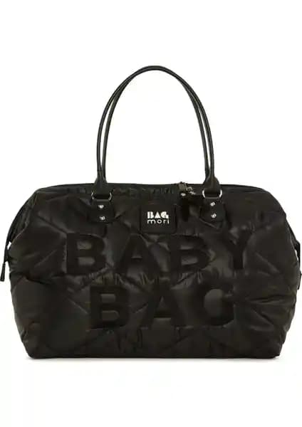 Bagmori Siyah Nakışlı Puf Şişme Anne Bebek Bakım Çanta Geniş İç Hacim ve Şık Tasarım