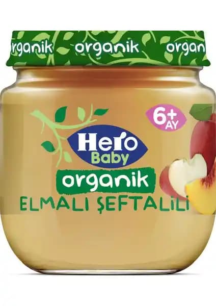 Hero Baby Organik Elma Şeftali Püresi Kavanoz Mama Sağlıklı ve Doğal Bebek Beslenmesi İçin