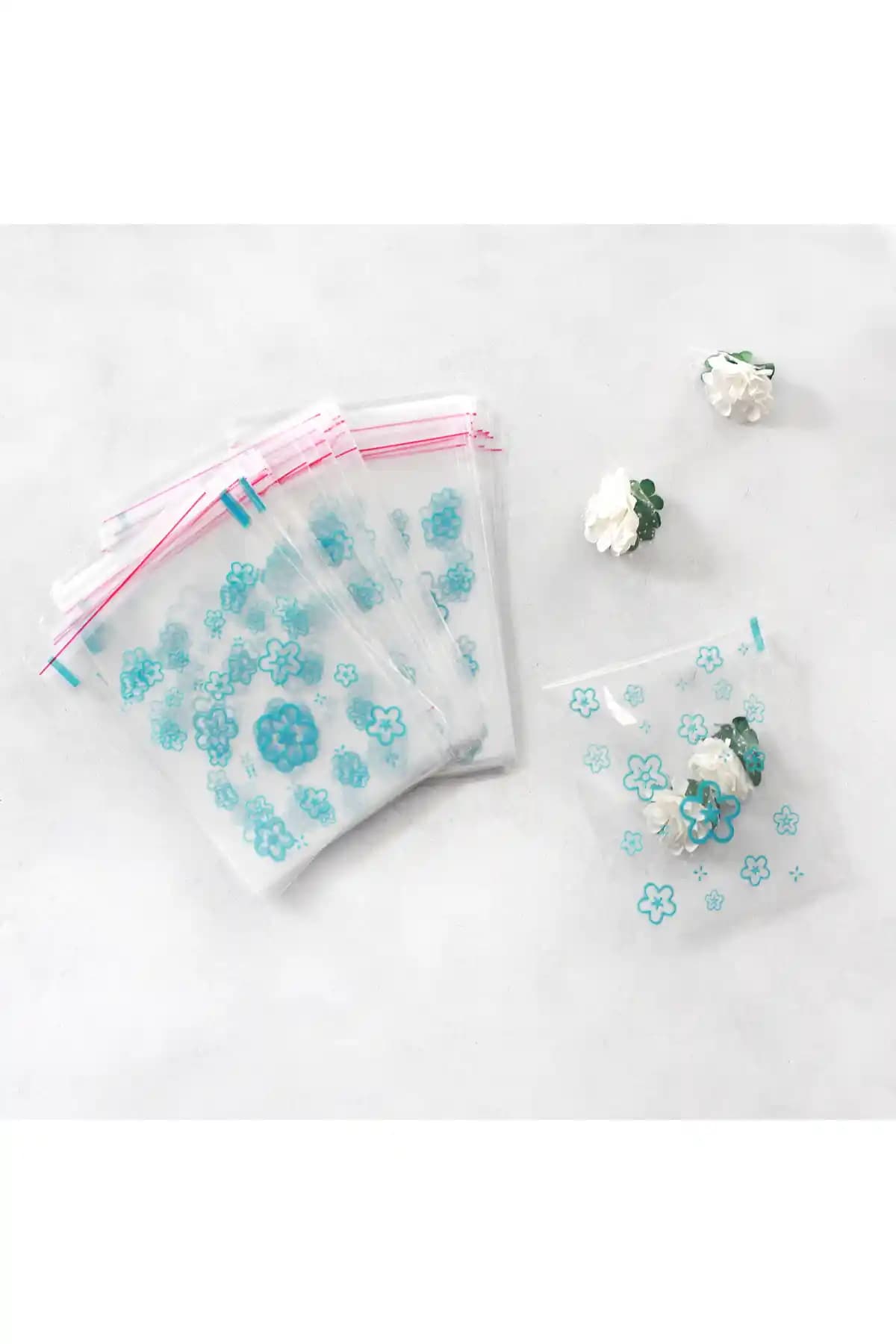 Bimotif Mavi Çiçek Desenli Bantlı Şeffaf Poşet Hediye ve Organizasyonlar İçin Ideal