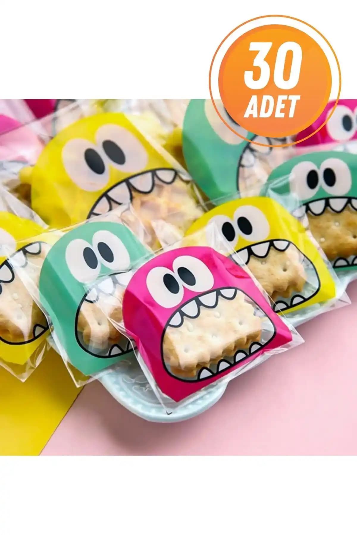 Eliz Party Karışık Renk Canavar Desenli Bantlı Şeffaf Jelatin Poşetler 30'lu Paket