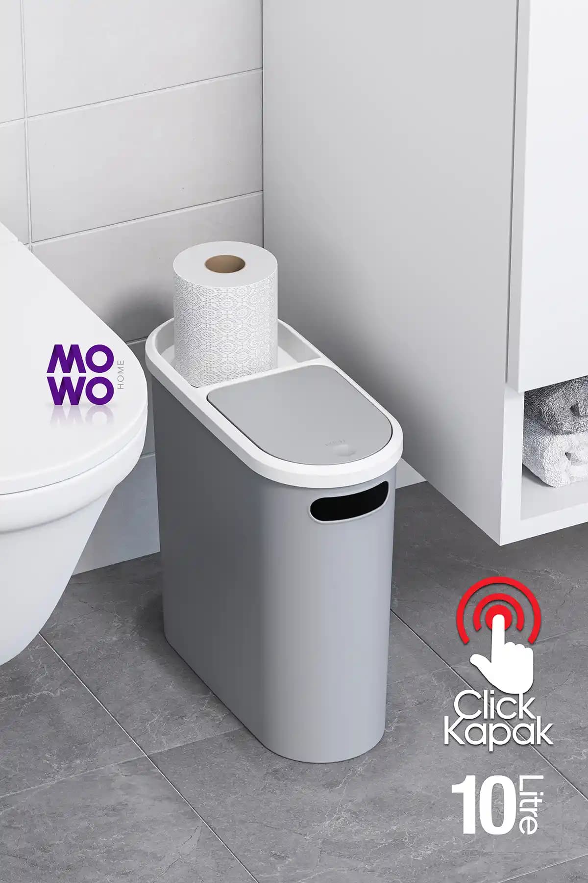 10 Litre Mowo Home Click Çöp Kovası – Gri Renkli, Şık, Kompakt ve Dayanıklı Tasarım