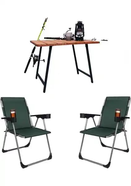 Alin Metal 2'li 140 kg Taşıma Kapasiteli Lüks Kamp Sandalyesi ve Ahşap Masa Seti
