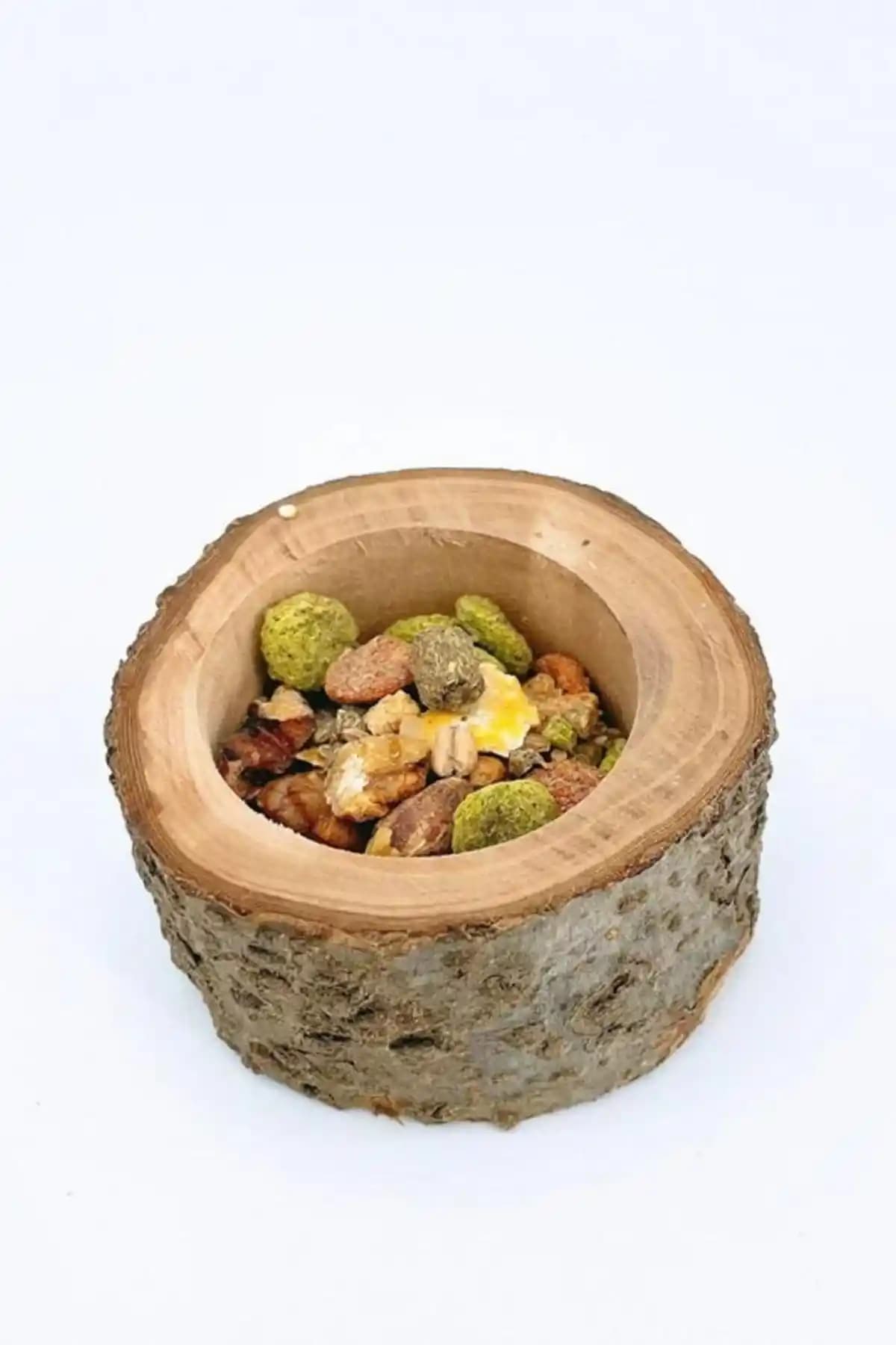 Alyones Meyve Ahşap Kütük Mama Kasesi: Doğal ve Şık Küçük Kemirgen Beslenme Kabı