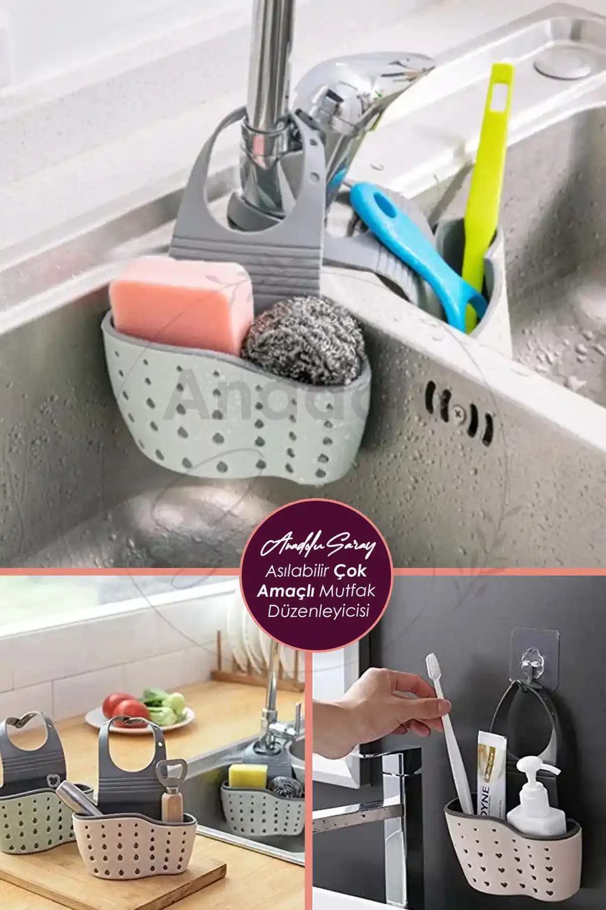 Anadolu Saray 2 Gözlü Pratik Bulaşık Süngerlik: Evye Üstü Düzenleyici ve Tezgah Organizeri