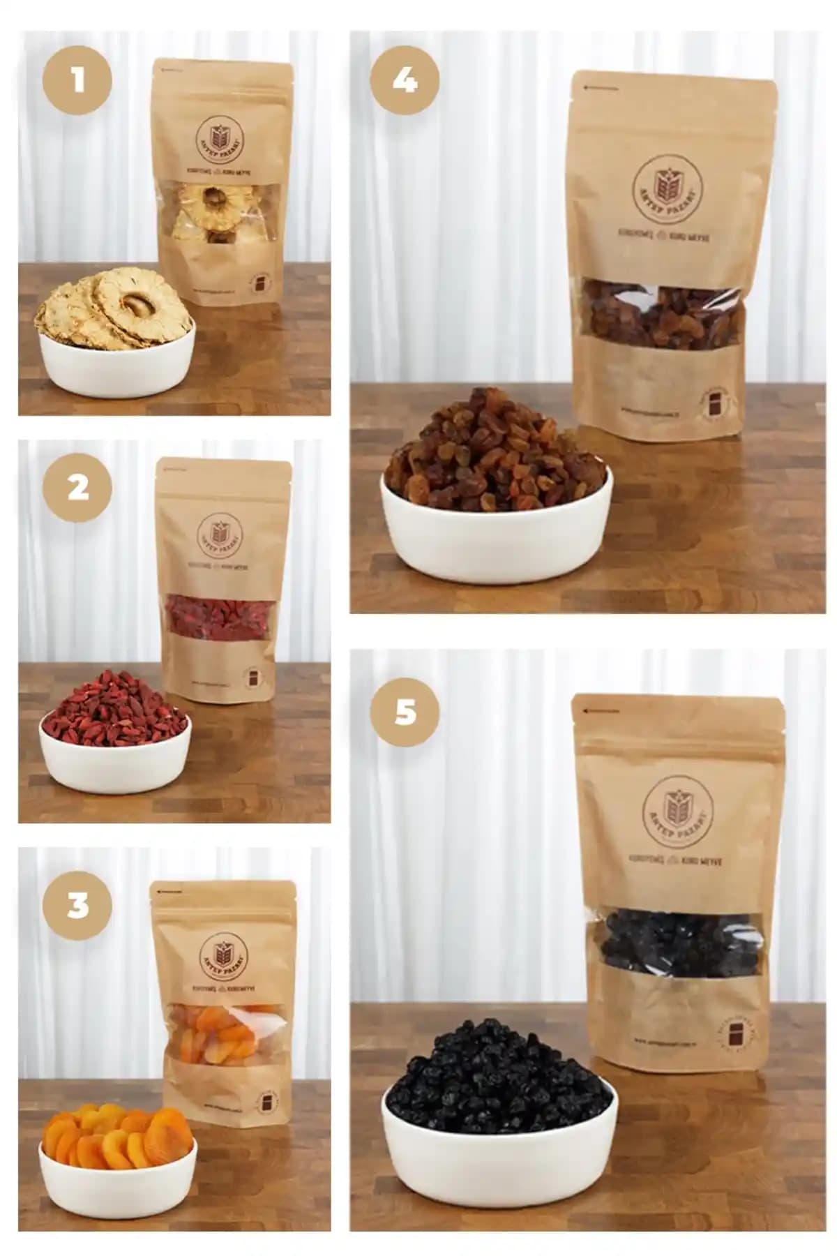 Antep Pazarı Şekersiz Kuru Meyve Paketi 5li – 375 g, Doğal Tatlılık ve Çok Yönlü Kullanım