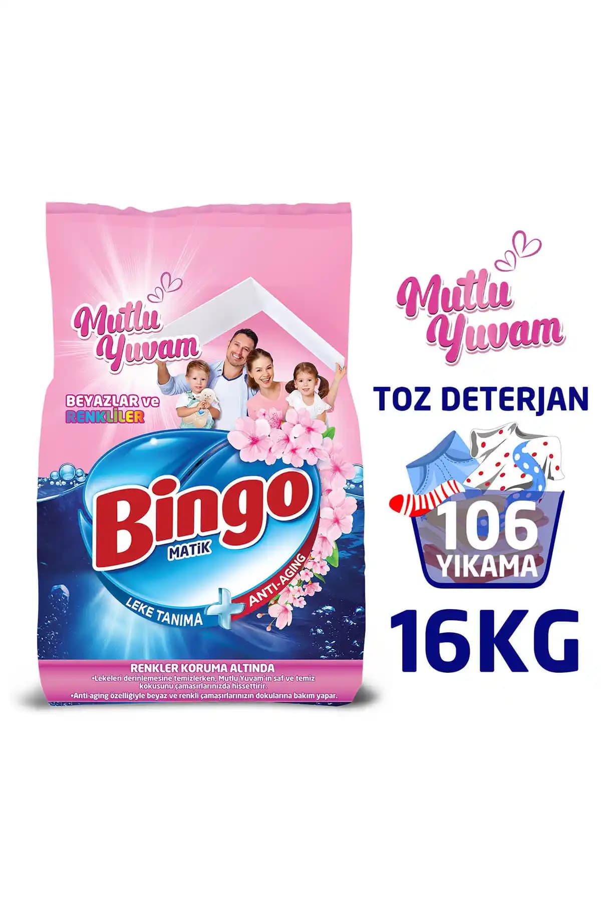 Bingo Matik 8 kg Mutlu Yuvam: Renkli ve Beyazlar için Toz Deterjanı Ekonomi Paketi