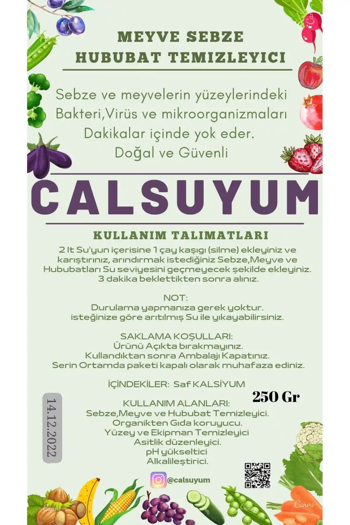 Calsuyum 250 g Doğal Meyve Sebze Temizleyici: Kolay ve Güvenli Tüketim İçin