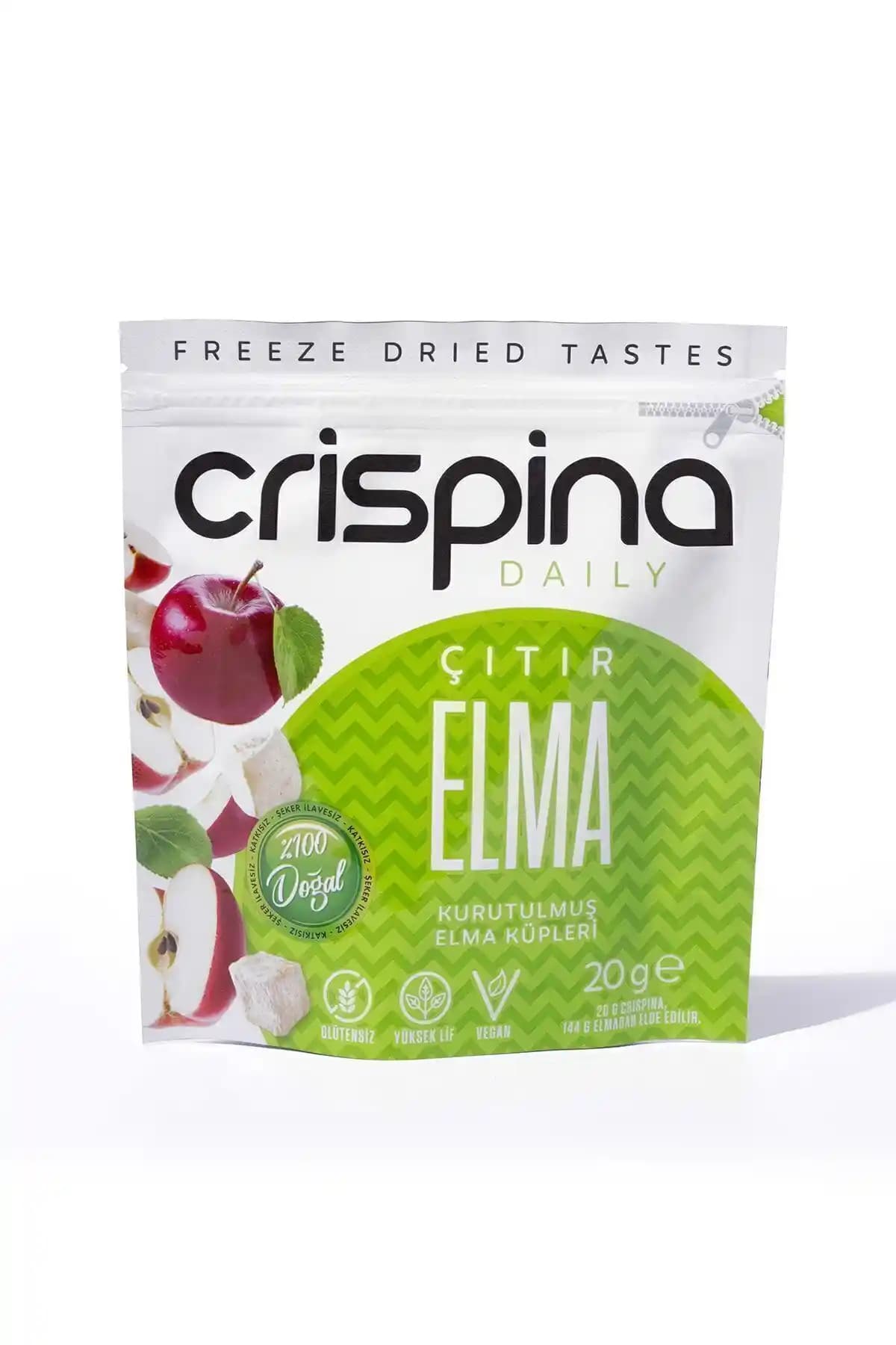 Crispina Daily: Dondurularak Kurutulan Elma 20g — Şekersiz, Vegan Glutensiz Atıştırmalık