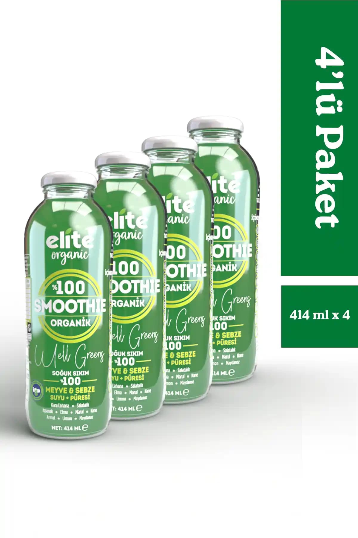Elite Naturel Organik Smoothie Well Greens 4'lü Paket 414 ml: Yeşil Sebze-Meyve Karışımı