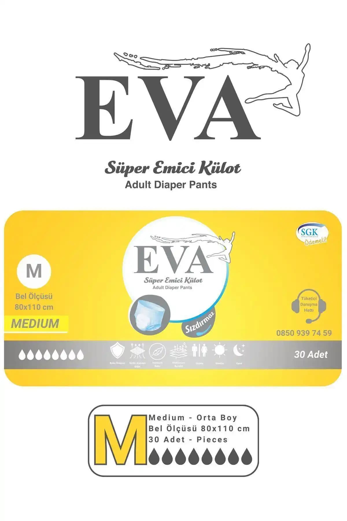 EVA Hasta Bezi Yetişkin Emici Külot – Orta Boy, 30 Adet, Konfor ve Sızıntı Önleme