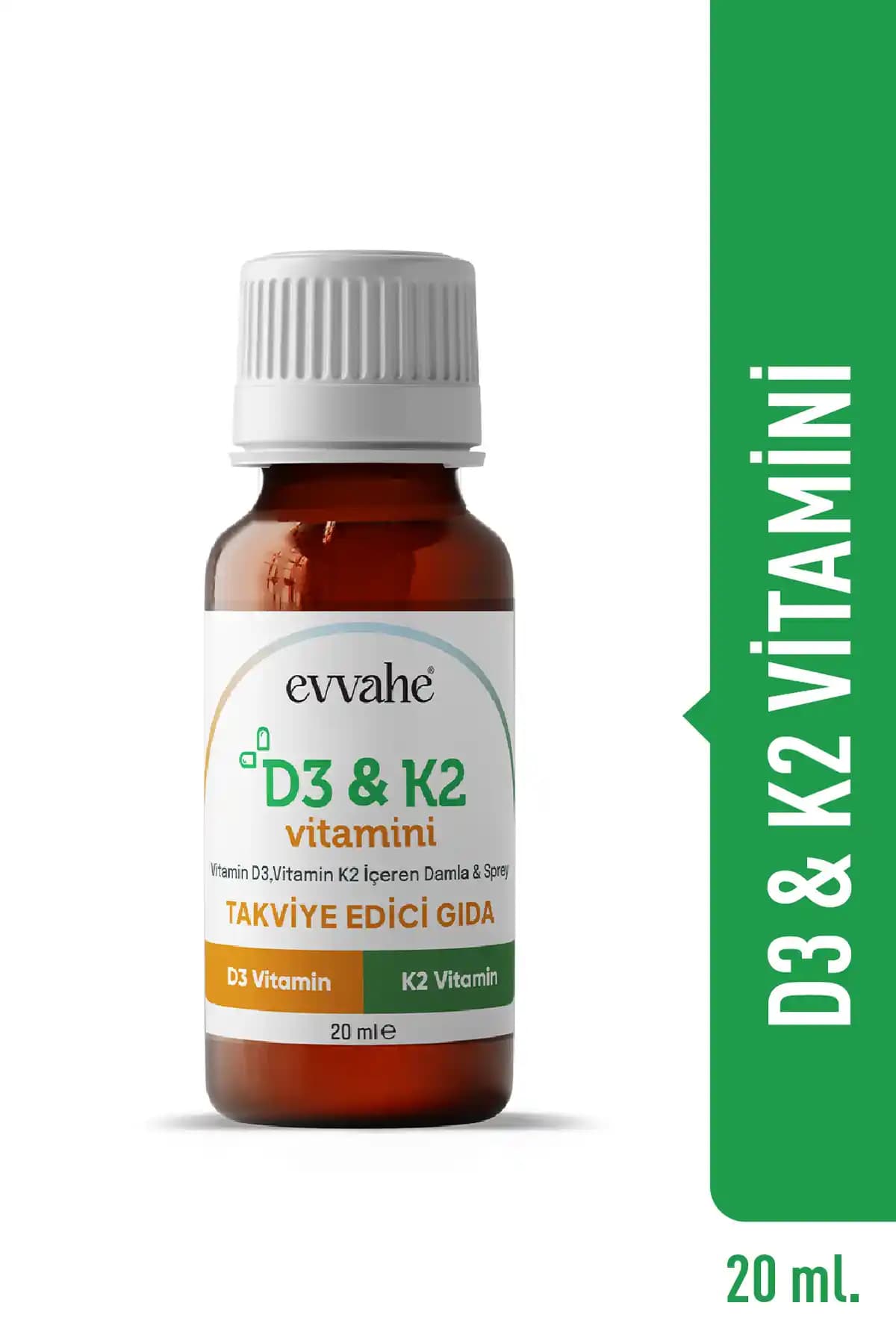 EVVAHE DOĞAL Vitamin D3 K2 Damla - 20 ml, D3 ve K2 ile kemik sağlığını destekleyen takviye