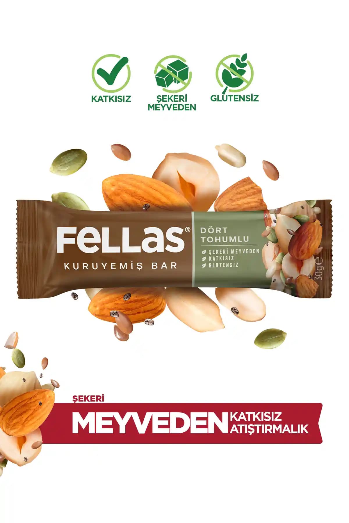 Fellas Dört Tohumlu Kuruye Bar: Doğal, Glutensiz Enerji Atıştırmalığı Türkiye Menşei