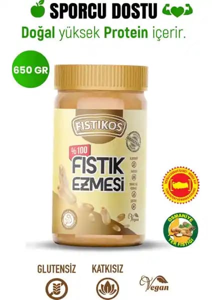 Fıstıkos %100 Şekersiz Yer Fıstığı Ezmesi 650 g: Doğal İçerik ve Yüksek Protein