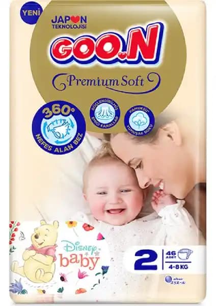 Goo.N Premium Soft 2 Numara Bant Bebek Bezi - 46 Adet, Kokusuz ve Cilt Dostu (4-8 kg)