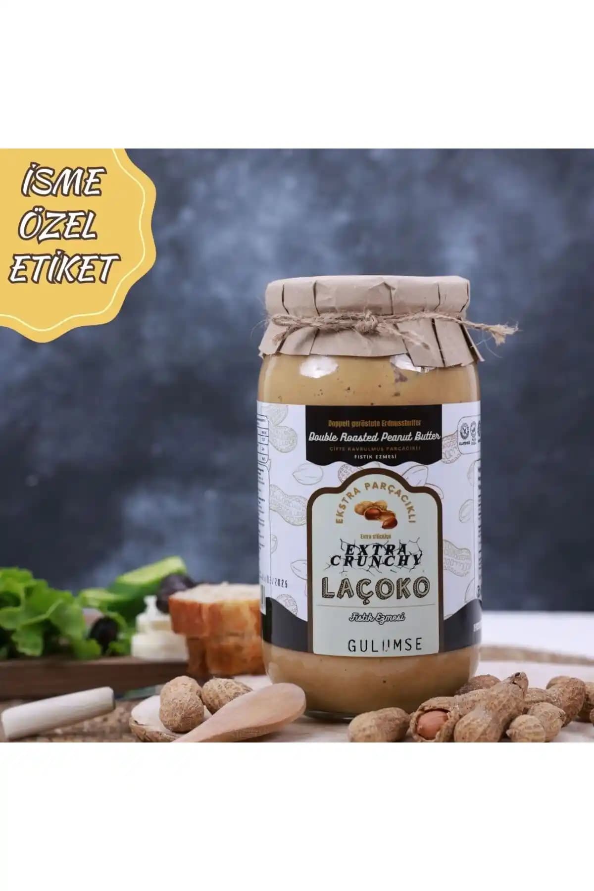 LAÇOKO 1kg İsme Özel Şekersiz ve Glutensiz Çifte Kavrulmuş Parçacıklı Fıstık Ezmesi