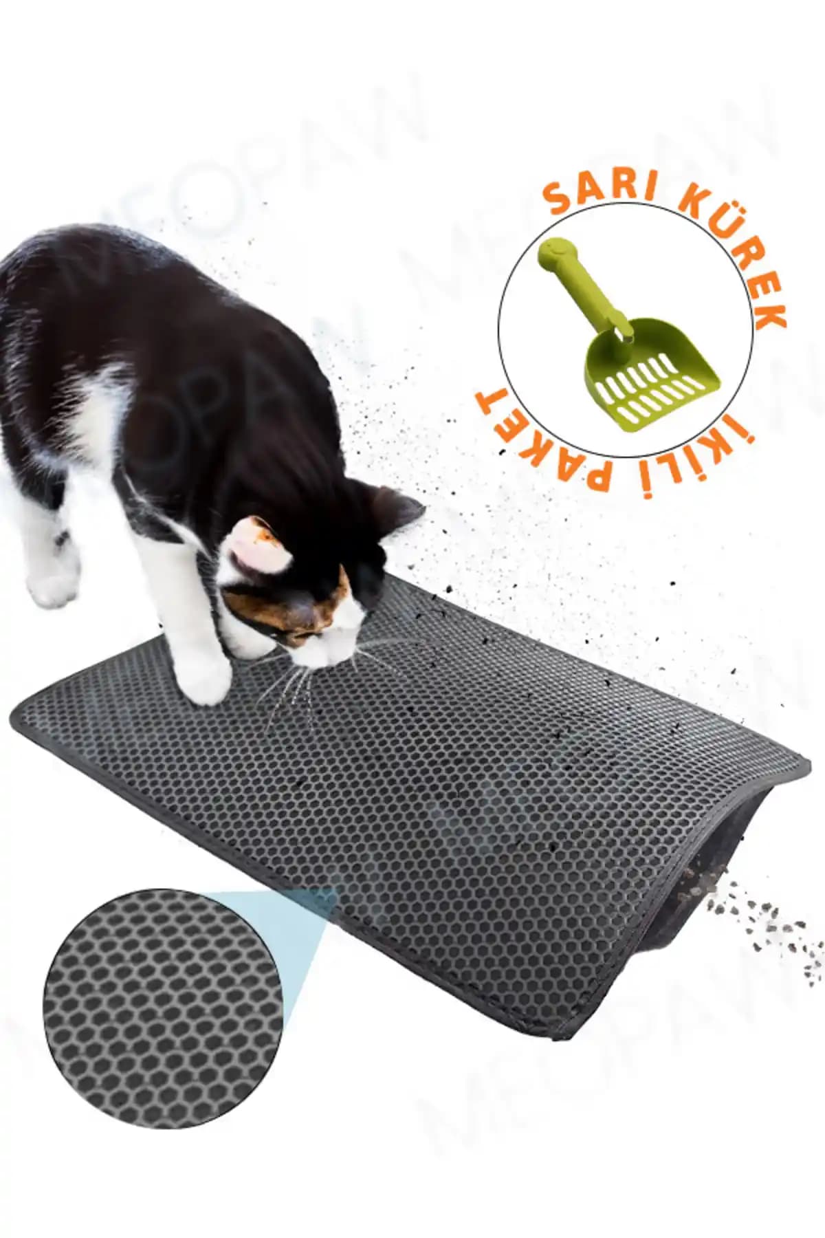 Meopaw 60x42 cm Elekli Kedi Paspası ve Kum Temizleme Küreği – Kokusu Olmayan Çözüm